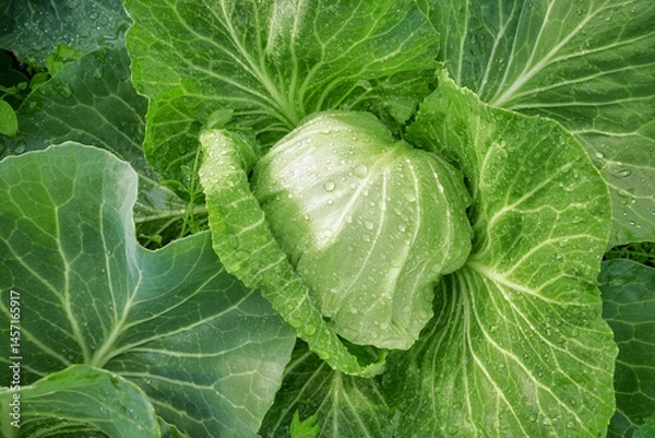 Fototapeta Close up of cabbage on an organic plantation, selective focus.