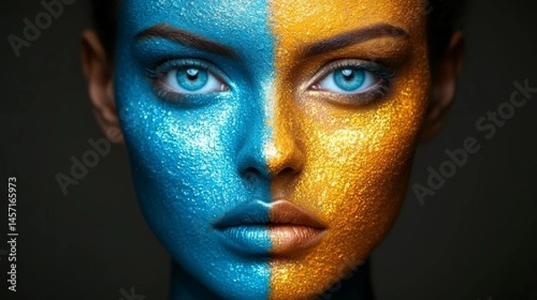 Fototapeta A face with exquisite paintwork boasts vibrant blue and orange hues in its intricately designed makeup