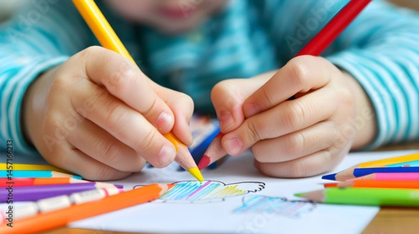 Fototapeta Childs hands drawing with colored pencils on white paper creating a colorful picture close up view