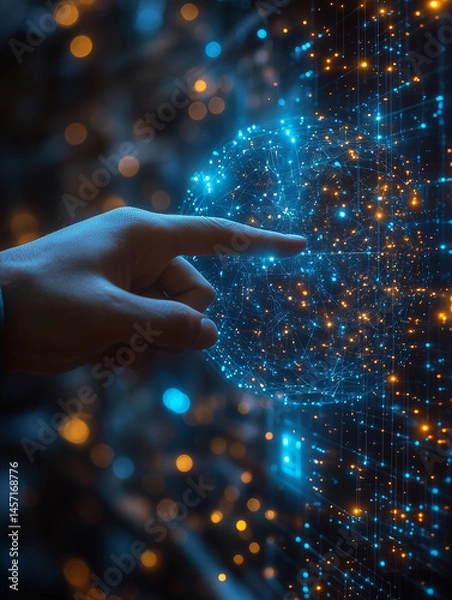 Fototapeta Glowing blue digital globe with connected points, touched by a human hand. Abstract concept of future technology and AI.