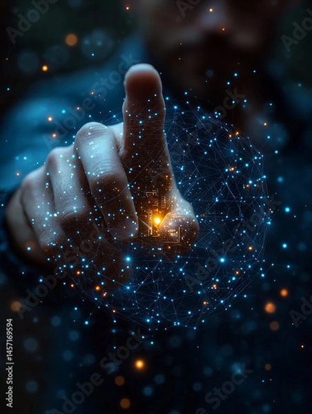 Fototapeta Interactive digital sphere with neural network structure. Human hand engaging with global AI technology.