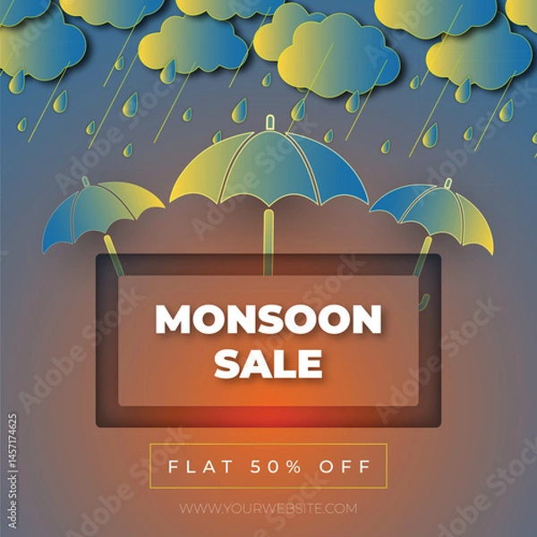 Fototapeta vector illustration of an umbrella on a rainy day, Monsoon Sale Announcement, template design with clouds and umbrella on background