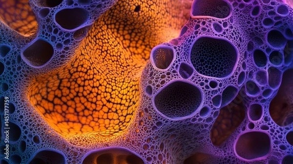 Obraz Abstract purple and orange cellular structure detailed digital art 3d mesh dark foam holes vivid