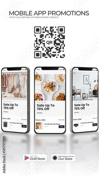 Obraz 3D Mobile Phones Carousel for Mobile App Promo