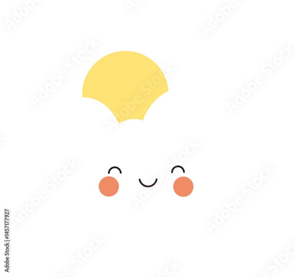 Fototapeta A cartoon illustration featuring a smiling cloud with a sun peeking behind it, radiating light. Cheerful weather imagery.