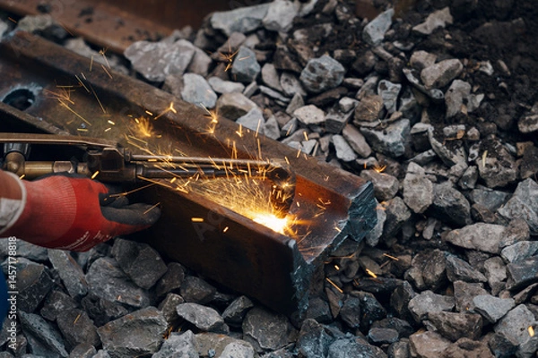 Fototapeta A worker in the process of arailroad track weld repair with a freight train passing