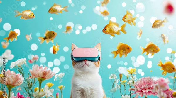 Obraz Cat wearing virtual reality headset explores an underwater world surrounded by golden fish and colorful flowers in a whimsical setting