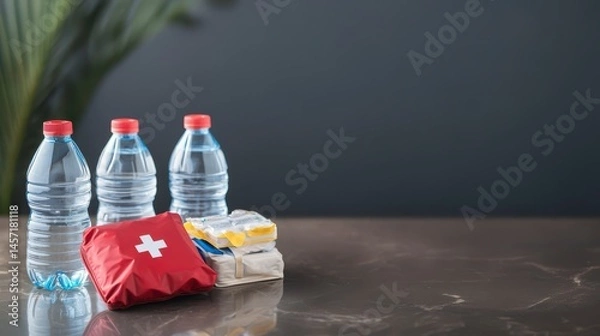 Fototapeta Emergency Preparedness Kit Essentials with Water and First Aid Supplies