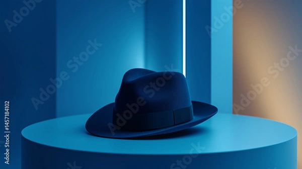 Fototapeta A floating navy blue hat in a futuristic product showcase, illuminated by soft ambient.