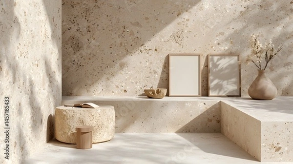 Fototapeta Minimalist Interior Design Featuring Neutral Tones and Textured Surfaces in a Serene Space
