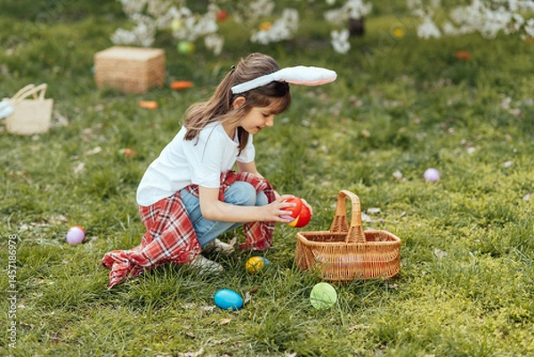 Fototapeta Easter egg hunt. Girl child Wearing Bunny Ears Running To Pick Up Egg In Garden. Easter tradition. Baby with basket full of colorful eggs.