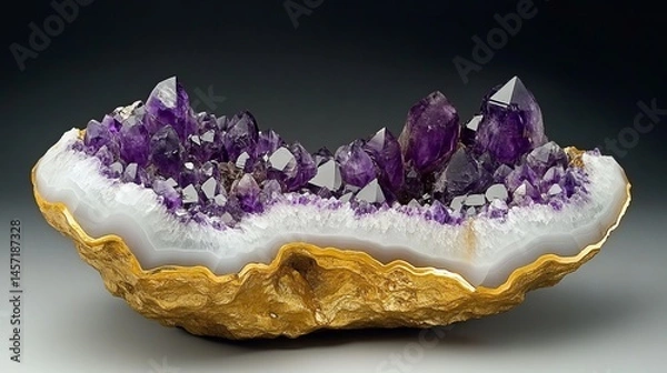 Obraz Stunning amethyst geode cluster on gold base beautiful purple crystals natural mineral specimen luxury
