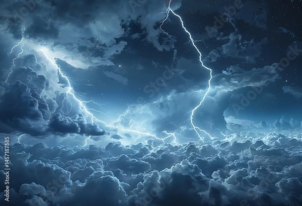 Fototapeta a dramatic display of bright lightning forks illuminating a turbulent, dark blue cloudscape under a starlit night sky.