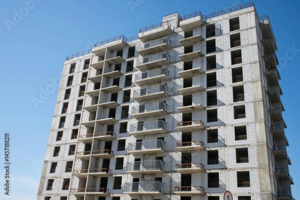 Fototapeta large grey brick multi-storey building under construction against a clear blue sky