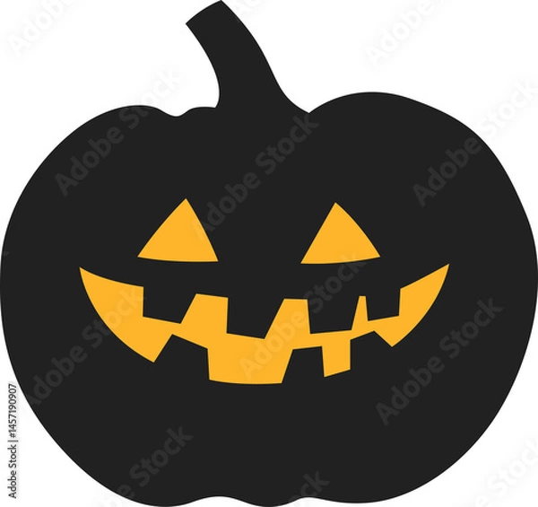 Fototapeta A charming black pumpkin with triangular eyes and a toothy grin brings festive Halloween vibes with its vibrant orange-yellow face.