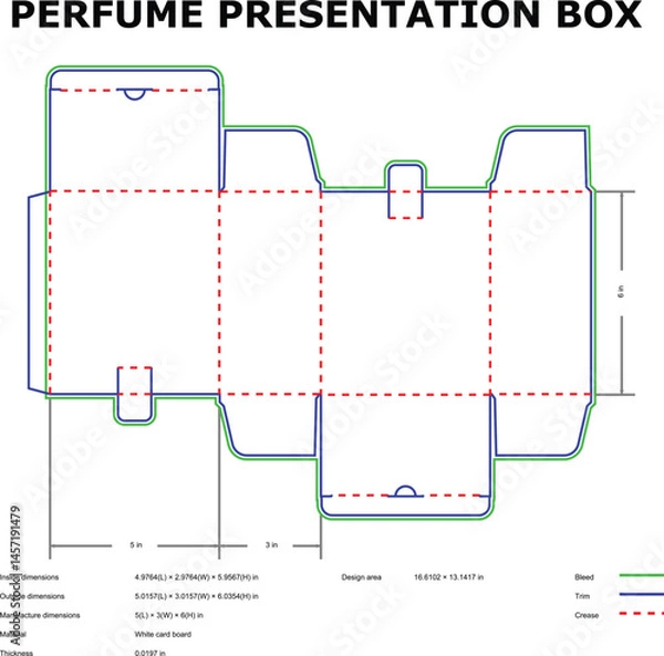 Fototapeta Detailed vector template of perfume presentation box showing diecut lines and manufacturing specifications for packaging design