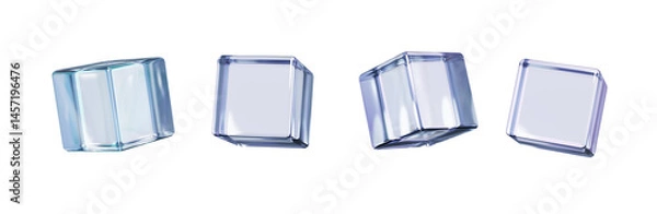 Fototapeta Set of transparent glass cubes with iridescent reflection. Four floating clear cubes with soft holographic light effects on a dark background, ideal for abstract or futuristic design concepts.