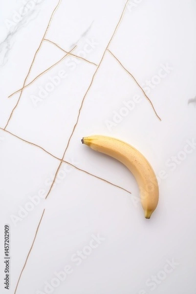 Fototapeta Single banana on white marble with gold veining – minimalist food composition for health, design, and editorial use