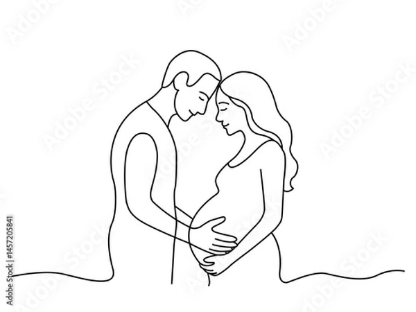 Fototapeta Continuous line drawing silhouette of pregnant woman and her husband who hugs her in the last month of pregnancy. Vector illustration on white background