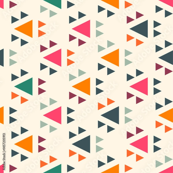 Fototapeta Pattern repeats across the frame, with larger triangles in shades of orange, pink, teal, and dark blue. Each large triangle is accompanied by two smaller triangles of different colors.