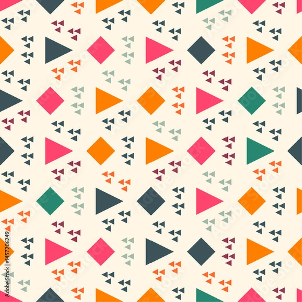 Fototapeta Geometric pattern with triangles and diamonds in various colors including pink, orange, green, and dark blue. Each shape is accompanied by a cluster of smaller triangles in a complementary color.