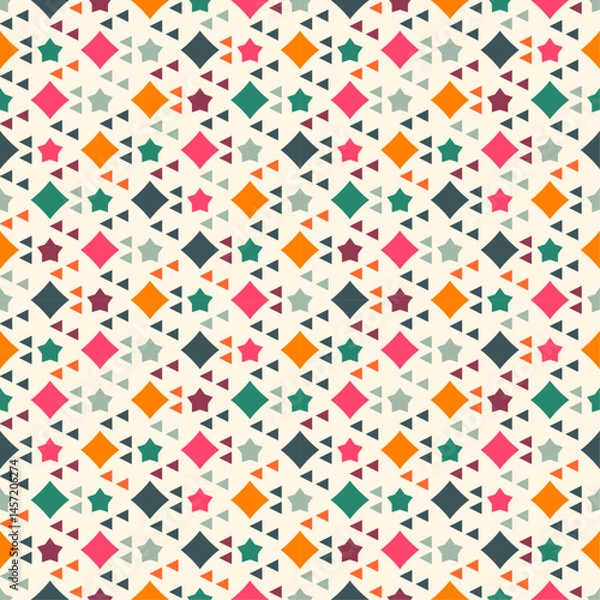 Fototapeta Pattern consists of diamonds, stars, and triangles in various colors, including pink, orange, green, and navy. These shapes are arranged in a repeating pattern against a light beige background.