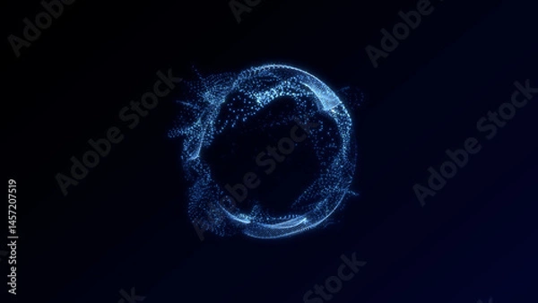 Fototapeta Digital blue particle sphere in motion, abstract 3D glowing data cloud forming dynamic ring shape on dark background, futuristic sci-fi tech animation for visual effects and backgrounds