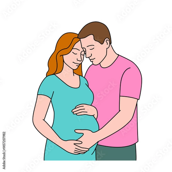 Fototapeta Continuous line drawing silhouette of pregnant woman and her husband who hugs her in the last month of pregnancy. Vector illustration on white background