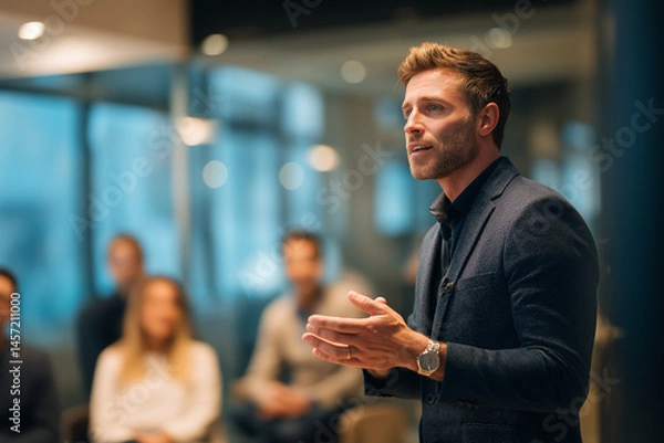 Fototapeta Confident young businessman giving a motivational speech to colleagues in a modern office conference room.