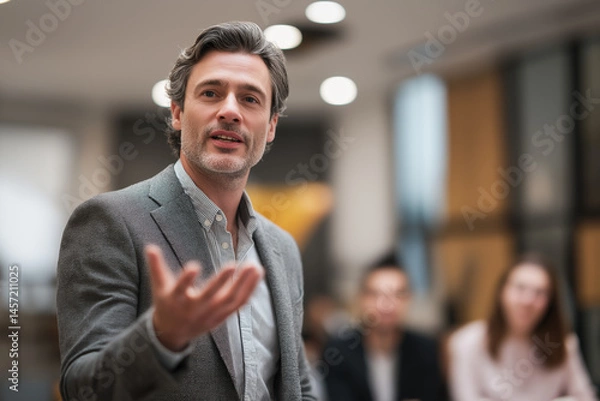 Fototapeta Confident businessman speaking during a corporate meeting, close-up view with a blurred background.