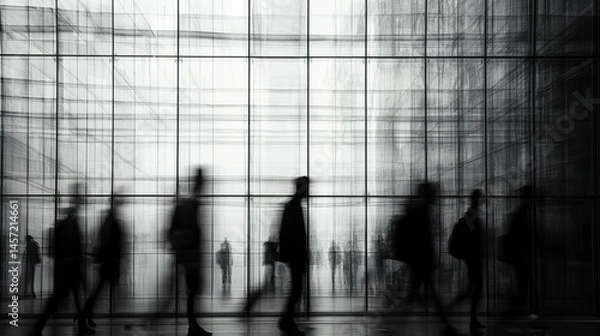 Obraz Transparent glass office building with faint, blurred silhouettes of workers in motion, adding a sense of energy to the sleek architectural design.  