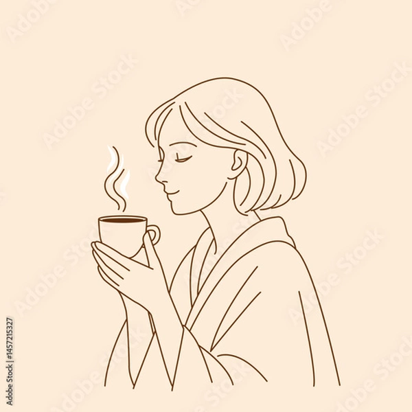 Fototapeta Linear silhouette of a beautiful girl drinks aromatic coffee. Vector illustration isolated on white background