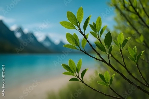 Obraz Green Leaves Close-up with Mountain Lake Background – Tranquil Nature Landscape