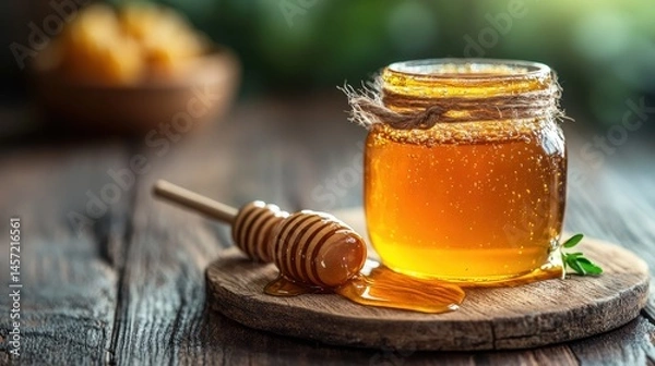 Fototapeta Golden honey jar with dipper on rustic wooden table