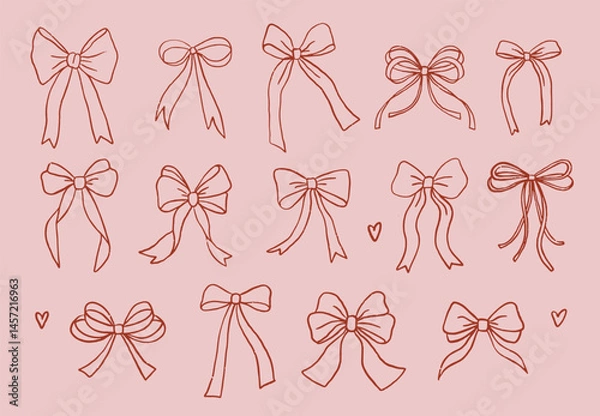 Fototapeta Hand draw bows and ribbons collection. Crayon drawing style, Trendy set illustration