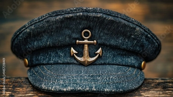 Obraz A blue denim cap with an anchor emblem on a wooden surface