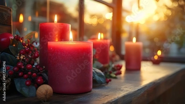 Fototapeta A beautiful scene of lit red candles alongside festive decorations with warm, glowing light.