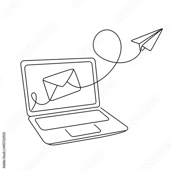 Obraz Continuous one line drawing of notebook and sending messages via email. Flying paper airplane. Flat vector illustration isolated on white background
