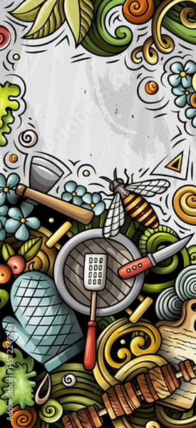 Obraz Picnic hand drawn doodle banner. Cartoon vector detailed flyer. Illustration with camp objects and symbols. Colorful vertical background