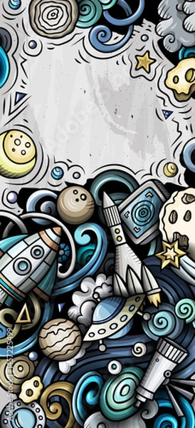 Obraz Space hand drawn doodle banner. Cartoon illustrations. Cosmic identity with objects and symbols. Color vector design elements background