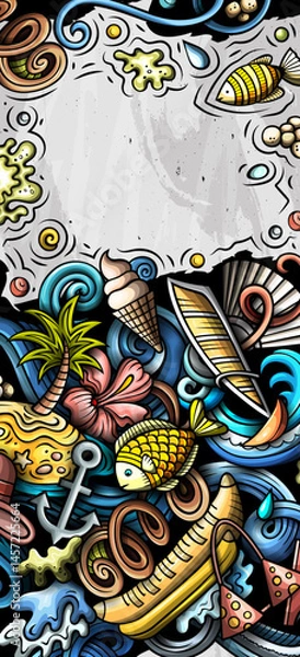 Obraz Summer beach hand drawn doodle banner. Cartoon vector detailed flyer. Illustration with summertime objects and symbols. Colorful background