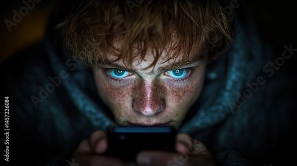 Obraz Close-up of a young person engrossed in a mobile device. Intense focus, illuminated by screen light