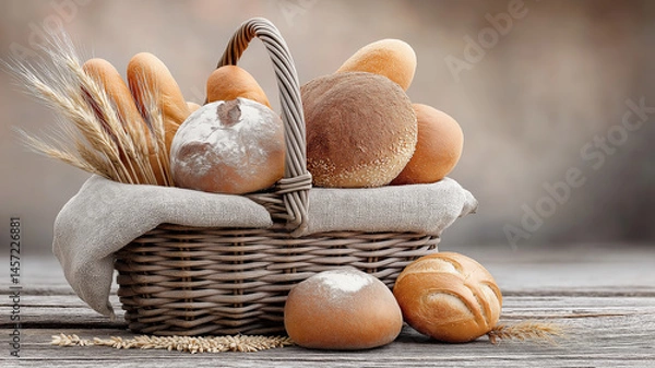 Fototapeta Bread basket with a variety of fresh pastries sits on a wooden table against a gray wall. Rustic-style still life conveys warmth, coziness and the aroma of homemade bread.