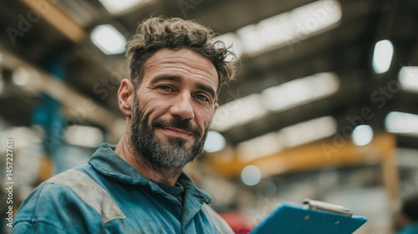 Fototapeta Skilled worker smiling while holding clipboard in an industrial warehouse