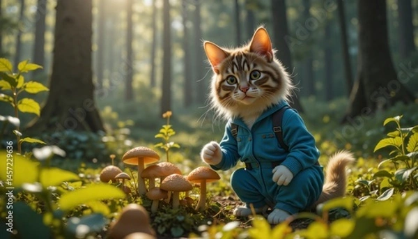 Obraz Cute kitten picking mushrooms in the forest