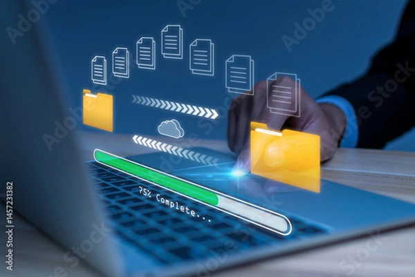 Fototapeta Cloud Computing. business people hand touching on laptop computer with file transfer holographic AI technology icon, backup storage, artificial intelligence, cloud storage technology concept