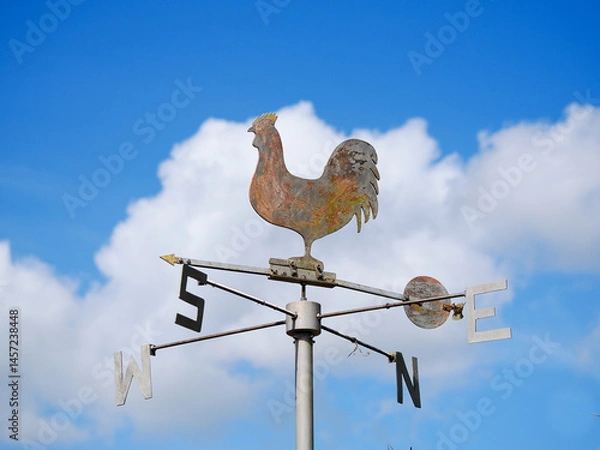 Obraz A rusty cockertal weathervane against a summer sky of white fluffy clouds showing the points of the compass
