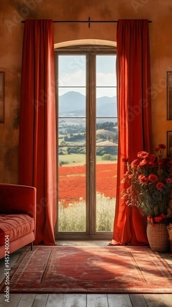 Fototapeta A picturesque window frames a stunning vista of a poppy field and distant mountains, bathed in sunlight.