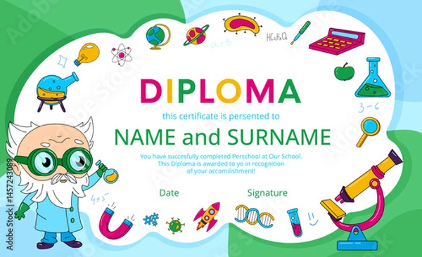 Fototapeta Colorful science-themed diploma template for kids with cartoon professor, lab tools, and playful elements. Ideal for preschool or elementary school awards and certificates.
