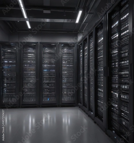 Fototapeta Gleaming server racks fill a climate-controlled facility, energy efficient, network security